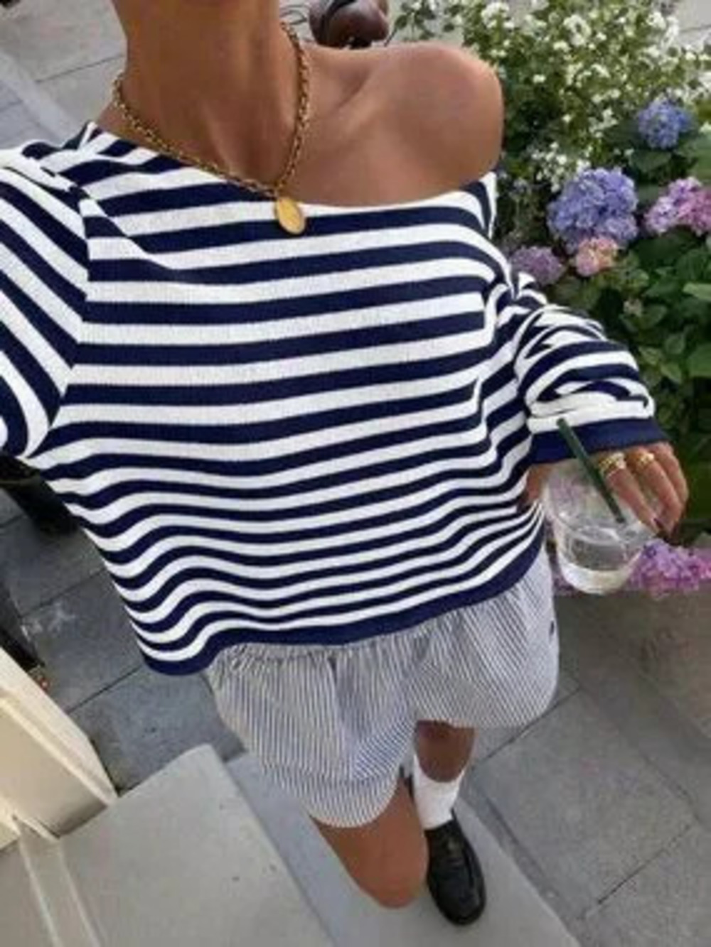 Royal Blue Casual Women's Off-Shoulder Long Sleeve Cropped Boat Neck Top